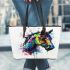 Horse head watercolor splashes leather tote bag