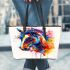 Horse watercolor splash with ink drips leather tote bag