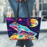 Illustration of a psychedelic frog on the moon leaather tote bag