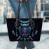 Illustration of owl sitting on dreamcatcher leather tote bag