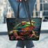 Illustrative colorful frog with fractal skin and glowing eyes leaather tote bag