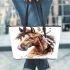 Indian horse with white feathers in its mane leather tote bag