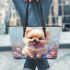 Kawaii cute adorable fluffy furry baby puppy brown beige fur leather tote bag