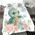 Kawaii cute baby turtle with roses and pearls bedding set