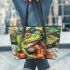 little frog and music notes and violin with leaves Leather Tote Bag