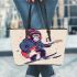 Monkey wearing hat and skiing with electric guitar leather tote bag