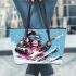 Monkey wearing sunglasses skiing with electric guitar leather tote bag