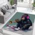 Monkey wearing sunglasses skiing with trumpet area rug