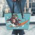 Monkey wearing sunglasses surfing with coconuts leather tote bag