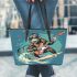 Monkey wearing sunglasses surfing with electric guitar leather tote bag