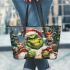 navy grinchy smile and dancing santaclaus Leather Tote Bag