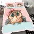 Owl peeking over the edge wearing a bow on its head bedding set