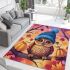 Owl wearing blue winter hat sitting on tree branch surrounded area rugs carpet