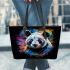 Panda portrait white fur with black and rainbow accents leather tote bag