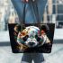 Panda with black and white fur and colorful floral leather tote bag