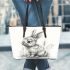 Pencil drawing of an adorable rabbit leather tote bag