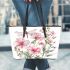 Pink flowers and dragonfly leather tote bag