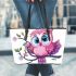 Pink owl on a pure white background with cute big eyes leather tote bag