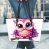 Pink owl on a pure white background with cute big eyes leather tote bag