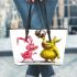 Pinky pigs and yellow grinchy smile toothless like leather tote bag