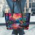 Psychedelic cartoon with neon pastel colors leaather tote bag