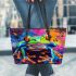 Psychedelic cute frog colorful vibrant trippy oil painting leaather tote bag