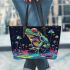 Psychedelic frog sitting on the edge of an alien pond leaather tote bag