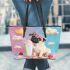 Pug puppy wearing pink heart sunglasses leather tote bag
