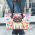 Pug puppy with pink heart sunglasses leather tote bag