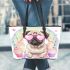 Pug puppy with pink heart sunglasses leather tote bag