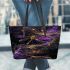 Purple and gold dragonflies leather tote bag