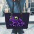 Purple frog with bright green eyes leaather tote bag