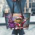 purple grinchy with black sunglass and dancing santaclaus Leather Tote Bag