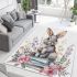 Rabbit sitting on top of books surrounded by flowers area rugs carpet