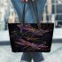 Realistic dragonflies in purple and gold colors leather tote bag