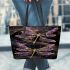 Realistic dragonflies in purple and gold colors leather tote bag