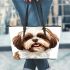 Shih tzu dog clipart illustration leather tote bag