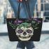 Skull with green frog on top leaather tote bag