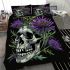 Skull with green frog on top and purple thistle flowers growing bedding set