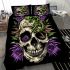 Skull with green frog on top and purple thistles growing bedding set