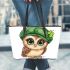St patricks day cute baby owl with beret leather tote bag