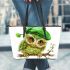 St patricks day cute baby owl with beret leather tote bag