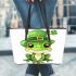 St patrick's day cute cartoon frog wearing leprechaun hat leaather tote bag