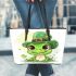 St patrick's day cute cartoon frog wearing leprechaun hat leaather tote bag