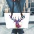 Stag head portrait watercolor splashes leather totee bag