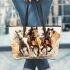 Three horses are galloping in the wind leather tote bag