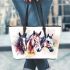 Three horses watercolor style leather tote bag