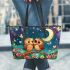 Two cute cartoon owls in love leather tote bag