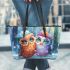 Two cute owls in love beautiful snow forest leather tote bag