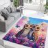 Two cute owls in love colorful butterflies flying area rugs carpet